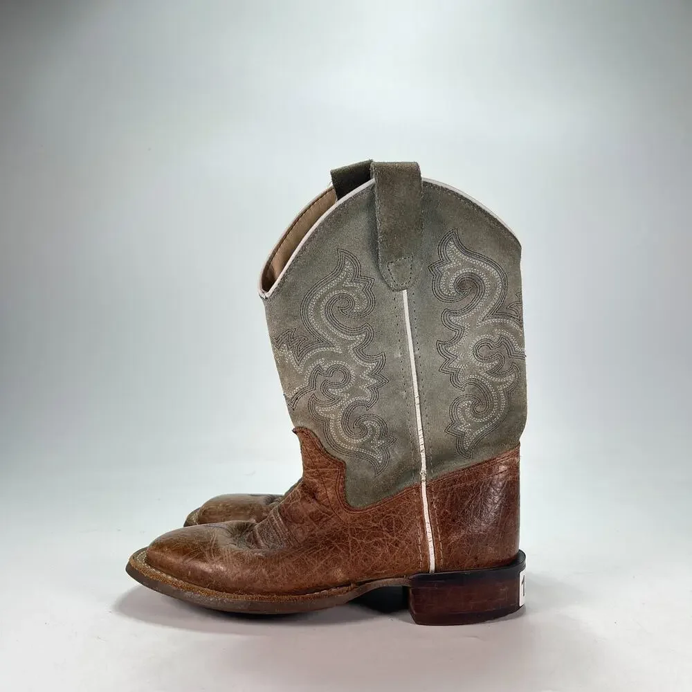 Old West Brown Grey Leather Pull On Square Toe Cowboy Western Boots Youth Sz 2D